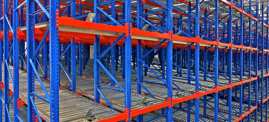 Side view of warehouse storage, shelving, metal, pallet racking systems